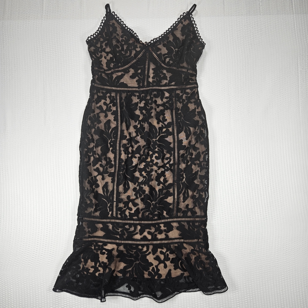 Lulus Black Lace Midi Dress Nude Lined Bodycon Ruffle Hem Size L